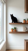 Black cat with yellow eyes sitting on a floating wooden shelf near a window, with succulents in terracotta pots in a modern interior.