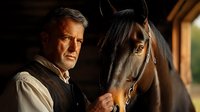 Mature Caucasian man in traditional equestrian attire standing close to dark brown horse in stable during golden hour, emotional connection between human and animal.