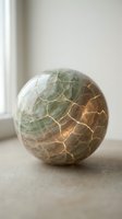Polished green and brown crackle agate sphere with natural veining, isolated on neutral surface near window light for mineral collection, home decor, or wellness product photography.