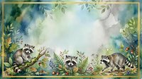 Watercolor illustration of three raccoons exploring lush foliage and flowering plants in natural woodland setting, isolated on white background for design projects.