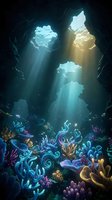 Underwater cave with sunlight beams streaming through openings illuminating vibrant coral reef ecosystem with colorful marine life in deep ocean depths.