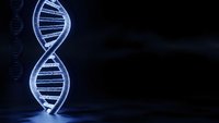 Glowing DNA double helix structure with blue light effects on dark background for genetic research and biotechnology concepts in medical science.