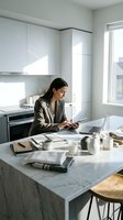 Professional businesswoman working from home in modern white kitchen using smartphone and laptop on marble island counter during morning routine.