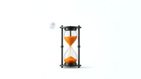 Hourglass with orange sand flowing through glass chamber and black metal frame on white background, isolated for design use.