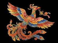 Ornate phoenix bird with vibrant red, gold, and blue plumage, isolated on transparent background. Ready for t-shirts, clipart, stickers, sublimation, and print-on-demand designs.