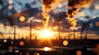 Dramatic industrial chimneys silhouetted against vibrant sunset sky with smoke plumes and lens flare bokeh effects creating atmospheric urban landscape.