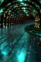 Magical turquoise tunnel with glowing bokeh lights and sparkles on wooden floor creates dreamy atmosphere for fantasy or celebration backgrounds.