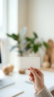 Caucasian woman holding blank white card in modern office workspace with potted plant and natural light for branding mockup.