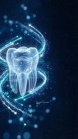 Digital tooth hologram with glowing blue energy streams and particles on dark background for dental technology and healthcare innovation concepts.