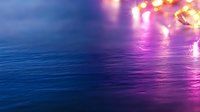 Dramatic ocean surface with vibrant purple and blue gradient lighting effects, glowing reflections creating mystical atmosphere on rippling water surface.