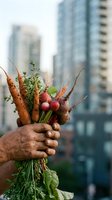 Hand holding fresh organic vegetables including carrots, radishes and herbs against urban cityscape background. Concept for farm to table, local produce, sustainable agriculture, and healthy eating.