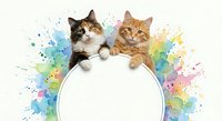 Two adorable kittens peeking over blank white circle frame with colorful watercolor paint splashes background for pet store advertising and design projects.