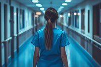 Female medical worker in scrubs walking down empty hospital corridor with dramatic blue lighting and perspective view, rear view shot showing long ponytail hairstyle.