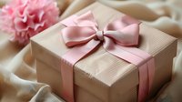 Elegant gift box wrapped in textured beige paper with pink satin ribbon bow and carnation flower decoration on soft fabric background. Perfect for celebration occasions.