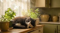 Fluffy gray and white cat sleeping curled up on a wooden kitchen counter beside potted herbs in warm sunlight near a window.