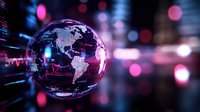 Digital globe with glowing continents and stock market data visualization floating in dark space with pink bokeh lights and technology elements. Perfect for finance themes.