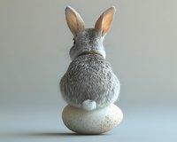 Gray bunny sitting on large white egg, view from behind showing fluffy tail and upright ears against neutral background. For Easter holiday designs and spring themes.