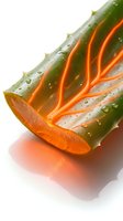 Aloe vera plant cross-section showing vibrant orange-red gel interior with water droplets on green outer skin, isolated on white background for botanical and wellness design use.