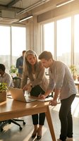 Young Caucasian woman and man collaborating at wooden desk with laptop in bright modern office with large windows, potted plants, and colleagues working in background.