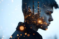 Double exposure profile of young Asian male combined with illuminated city skyline at night, glowing particles and bokeh lights creating dreamy atmosphere.