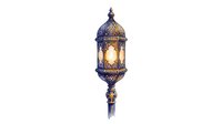 Ornate lantern with glowing warm light inside, featuring intricate metalwork and traditional design, isolated on white background for decorative home decor and design projects.