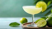 Fresh lime margarita cocktail in coupe glass with lime wheel garnish on wooden board, tropical green background for summer drink menu design.