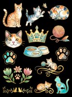 Watercolor cat sticker set isolated on transparent background, featuring cute cats, paw prints, crown, yarn, and floral elements for clipart and print on demand.