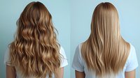 Long blonde wavy and straight hair comparison on woman wearing white t-shirt against blue background, showing before and after hair styling results.