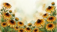 Watercolor rudbeckia flowers frame with golden yellow petals and dark centers on textured paper background for botanical art and floral design projects.