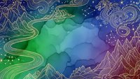 Abstract watercolor background with golden line art mountains, waves and celestial elements in vibrant blue green gradient for creative design projects.