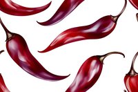 Fresh red chili peppers scattered on white background, seamless pattern for food packaging and culinary designs. Isolated spicy vegetable elements.