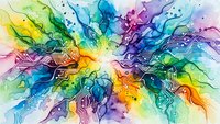 Vibrant watercolor explosion with circuit board patterns radiating from center in rainbow spectrum colors for technology and creativity concepts.