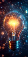 Glowing lightbulb surrounded by digital network connections and particles on dark background with orange and blue bokeh effects, symbolizing innovation and ideas.