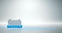 Closed silver briefcase with glowing blue digital data stream flowing outward, representing business information transfer, cloud computing, and secure data management for corporate communications.