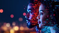 Digital transformation concept showing African American man and Caucasian woman profiles with data visualization elements on dark background with bokeh lights.