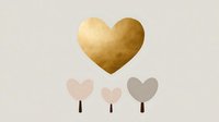 Elegant gold heart above stylized minimalist heart trees on neutral beige background, perfect for love-themed greeting cards and romantic designs.