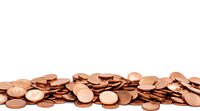 Scattered copper penny coins in a row creating financial border composition against white background, isolated for banking and savings concepts.