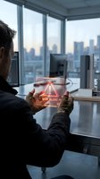 Businessman holding transparent tablet displaying risk alert warning in modern office with city skyline view for cybersecurity and business management concepts.