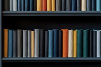 Colorful hardcover books arranged on dark wooden shelves create minimalist composition with vibrant spines in blue, orange, and neutral tones against black background.