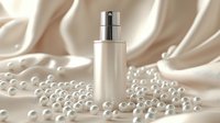 Luxury cosmetic bottle mockup on pearl white silk background with scattered pearls and soft fabric draping creates elegant beauty product presentation.