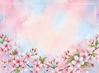 Watercolor cherry blossom frame with pink and blue pastel background, spring floral border with sakura flowers and copy space.
