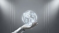 Robotic hand holding glowing shield symbol representing cybersecurity, data protection, and digital safety technology for business and network security concepts.