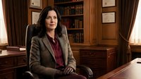 Professional businesswoman executive sitting at wooden desk in elegant office with bookshelf and certificates on wall wearing gray suit jacket.