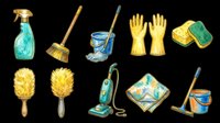 Cleaning supplies set isolated on transparent background, including mop, brush, gloves, sponge, vacuum, bucket, spray bottle, for clipart, stickers, t-shirt design.