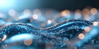 Magical blue waves with glowing particles and bokeh lights create dreamy abstract background for luxury designs and festive decorations.