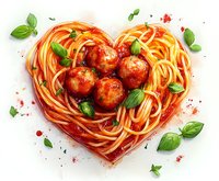 Heart shaped spaghetti pasta with meatballs in tomato sauce, garnished with fresh basil leaves on white background, romantic Italian cuisine concept.
