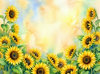 Watercolor sunflower border frame with bright yellow blooms and green leaves on soft pastel background for greeting cards and invitations.