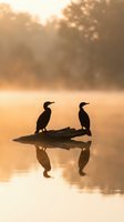 Two cormorants perched on a log in misty morning water, silhouetted against golden sunlight with reflections below. Wildlife and nature photography.