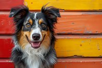 Australian shepherd dog with tricolor coat smiling against vibrant red and yellow wooden background, perfect for pet care or animal companionship themes.