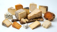 Assorted gourmet cheese varieties including aged cheddar, brie, gouda and blue cheese arranged on white background for culinary and food photography.